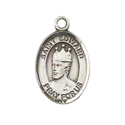 Small Sized Men's Pewter Saint St. Edward the Confessor Medal Pendant on 24 Inch Endless Rhodium Plated Heavy Curb Brass Chain, Catholic Religious Necklace - Made in USA- Deluxe Velvet Gift Box