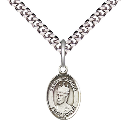 Small Sized Men's Pewter Saint St. Edward the Confessor Medal Pendant on 24 Inch Endless Rhodium Plated Heavy Curb Brass Chain, Catholic Religious Necklace - Made in USA- Deluxe Velvet Gift Box