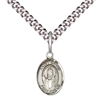 Small Sized Men's .925 Sterling Silver Saint St. David of Wales Medal Pendant on 24 Inch Endless Rhodium Plated Heavy Curb Brass Chain, Catholic Religious Necklace - Made in USA- Deluxe Velvet Gift Box
