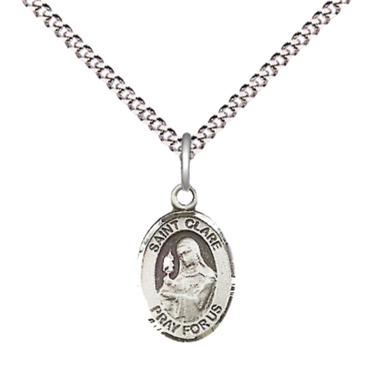 Small Sized Women's Pewter Saint St. Clare of Assisi Medal Pendant on 18 Inch Rhodium Plated Lite Curb Brass Chain with Lobster Claw Clasp, Catholic Religious Necklace - Made in USA- Velvet Gift Box