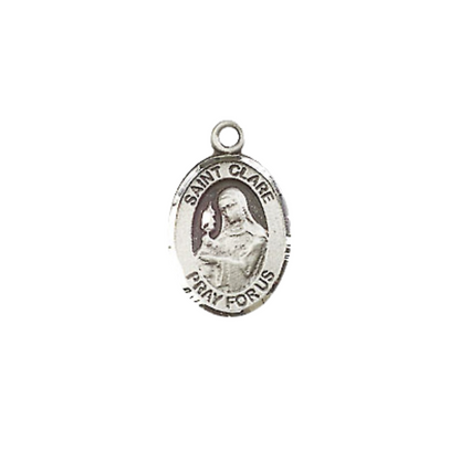 Small Sized Women's Pewter Saint St. Clare of Assisi Medal Pendant on 18 Inch Rhodium Plated Lite Curb Brass Chain with Lobster Claw Clasp, Catholic Religious Necklace - Made in USA- Velvet Gift Box