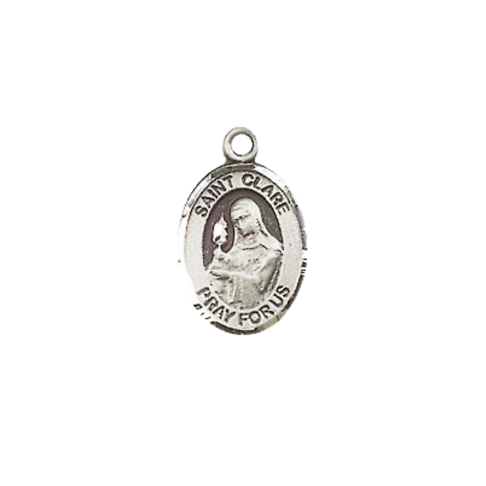 Small Sized Women's Pewter Saint St. Clare of Assisi Medal Pendant on 18 Inch Rhodium Plated Lite Curb Brass Chain with Lobster Claw Clasp, Catholic Religious Necklace - Made in USA- Velvet Gift Box