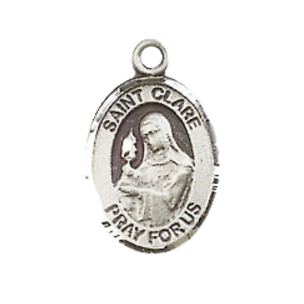 Small Sized Men's Pewter Saint St. Clare of Assisi Medal Pendant on 24 Inch Endless Rhodium Plated Heavy Curb Brass Chain, Catholic Religious Necklace - Made in USA- Deluxe Velvet Gift Box