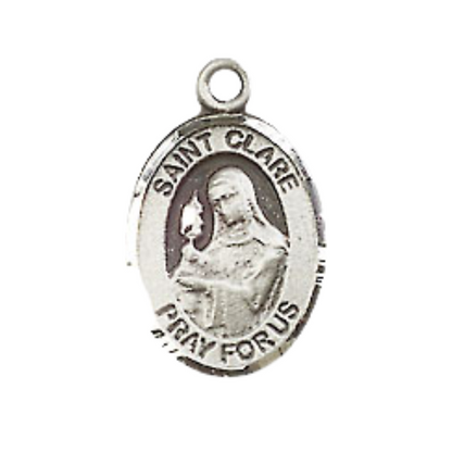Small Sized Men's Pewter Saint St. Clare of Assisi Medal Pendant on 24 Inch Endless Rhodium Plated Heavy Curb Brass Chain, Catholic Religious Necklace - Made in USA- Deluxe Velvet Gift Box