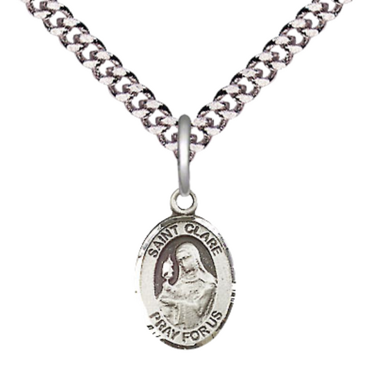 Small Sized Men's Pewter Saint St. Clare of Assisi Medal Pendant on 24 Inch Endless Rhodium Plated Heavy Curb Brass Chain, Catholic Religious Necklace - Made in USA- Deluxe Velvet Gift Box