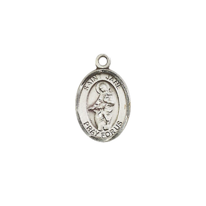 Small Sized Women's Pewter Saint St. Jane of Valois Medal Pendant on 18 Inch Rhodium Plated Lite Curb Brass Chain with Lobster Claw Clasp, Catholic Religious Necklace - Made in USA- Velvet Gift Box