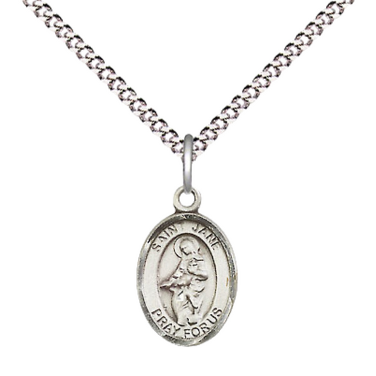 Small Sized Women's .925 Sterling Silver Saint St. Jane of Valois Medal Pendant on 18 Inch Rhodium Plated Lite Curb Brass Chain with Lobster Claw Clasp, Catholic Religious Necklace - Made in USA- Velvet Gift Box