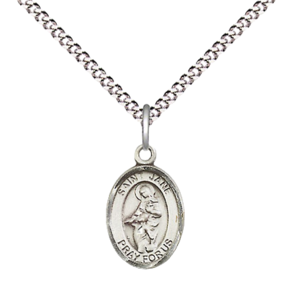 Small Sized Women's Pewter Saint St. Jane of Valois Medal Pendant on 18 Inch Rhodium Plated Lite Curb Brass Chain with Lobster Claw Clasp, Catholic Religious Necklace - Made in USA- Velvet Gift Box
