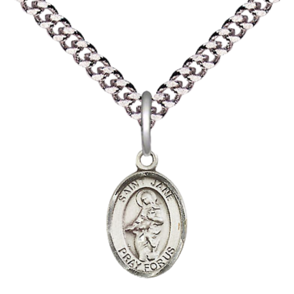 Small Sized Men's Pewter Saint St. Jane of Valois Medal Pendant on 24 Inch Endless Rhodium Plated Heavy Curb Brass Chain, Catholic Religious Necklace - Made in USA- Deluxe Velvet Gift Box
