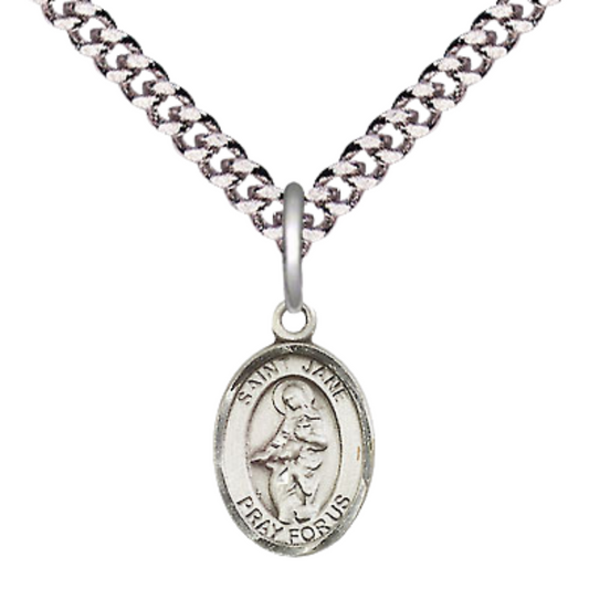 Small Sized Men's .925 Sterling Silver Saint St. Jane of Valois Medal Pendant on 24 Inch Endless Rhodium Plated Heavy Curb Brass Chain, Catholic Religious Necklace - Made in USA- Deluxe Velvet Gift Box