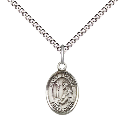 Small Sized Women's Pewter Saint St. Dominic de Guzman Medal Pendant on 18 Inch Rhodium Plated Lite Curb Brass Chain with Lobster Claw Clasp, Catholic Religious Necklace - Made in USA- Velvet Gift Box