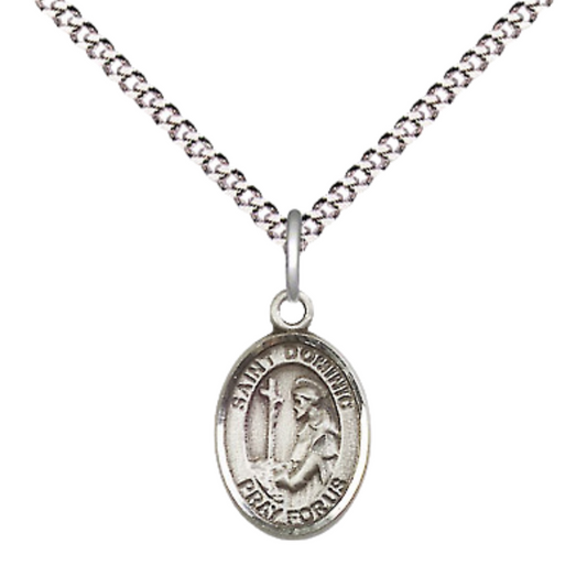 Small Sized Women's Pewter Saint St. Dominic de Guzman Medal Pendant on 18 Inch Rhodium Plated Lite Curb Brass Chain with Lobster Claw Clasp, Catholic Religious Necklace - Made in USA- Velvet Gift Box