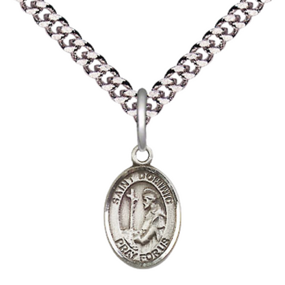 Small Sized Men's Pewter Saint St. Dominic de Guzman Medal Pendant on 24 Inch Endless Rhodium Plated Heavy Curb Brass Chain, Catholic Religious Necklace - Made in USA- Deluxe Velvet Gift Box