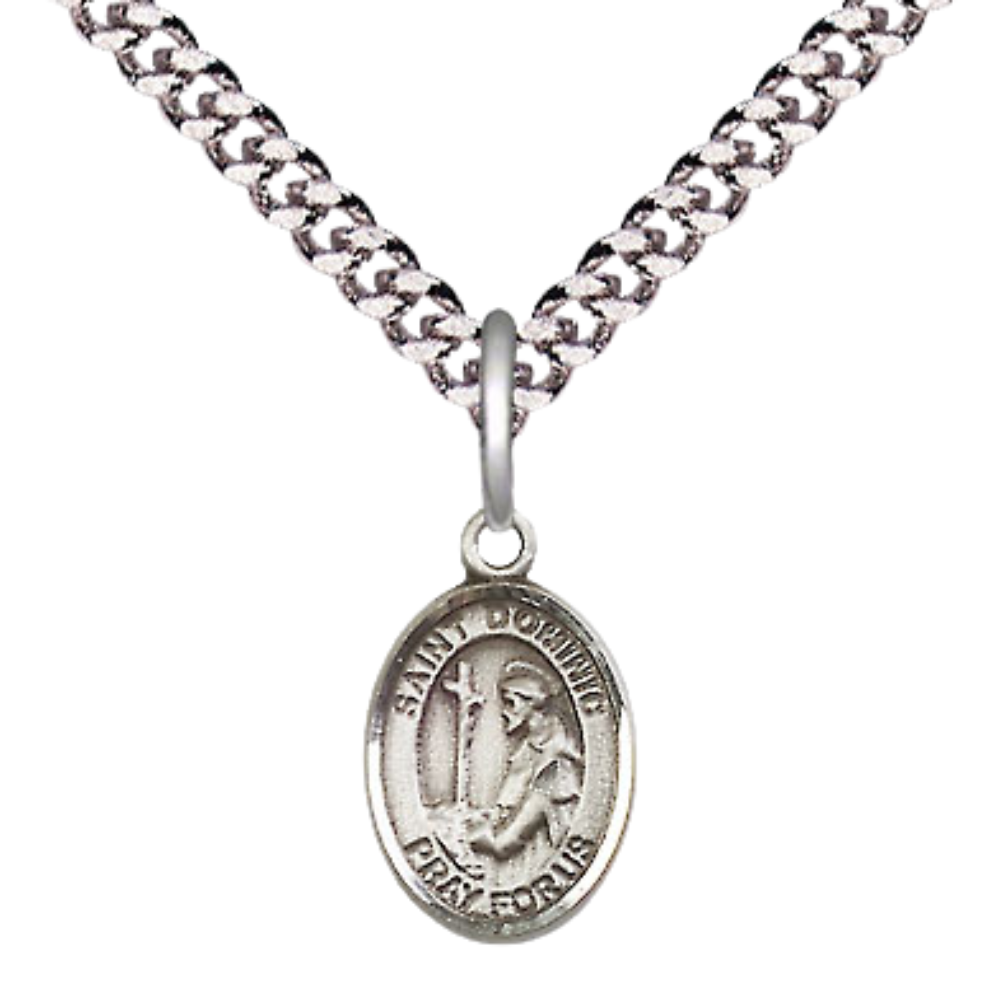 Small Sized Men's Pewter Saint St. Dominic de Guzman Medal Pendant on 24 Inch Endless Rhodium Plated Heavy Curb Brass Chain, Catholic Religious Necklace - Made in USA- Deluxe Velvet Gift Box