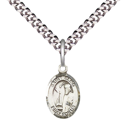 Small Sized Men's .925 Sterling Silver Saint St. Elmo Medal Pendant on 24 Inch Endless Rhodium Plated Heavy Curb Brass Chain, Catholic Religious Necklace - Made in USA- Deluxe Velvet Gift Box