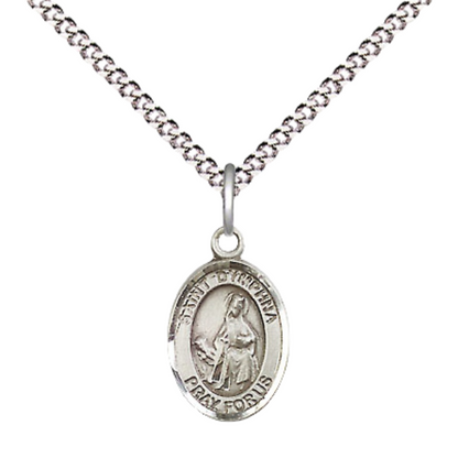 Small Sized Women's Pewter Saint St. Dymphna Medal Pendant on 18 Inch Rhodium Plated Lite Curb Brass Chain with Lobster Claw Clasp, Catholic Religious Necklace - Made in USA- Velvet Gift Box