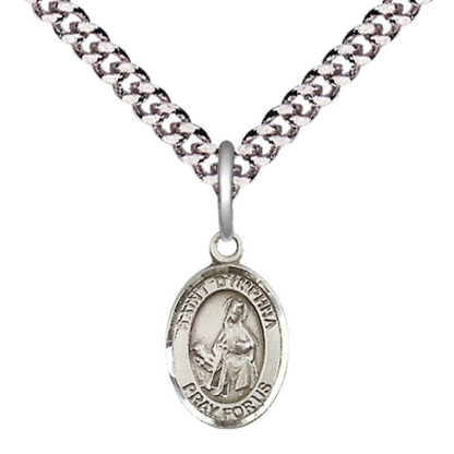 Small Sized Men's Pewter Saint St. Dymphna Medal Pendant on 24 Inch Endless Rhodium Plated Heavy Curb Brass Chain, Catholic Religious Necklace - Made in USA- Deluxe Velvet Gift Box