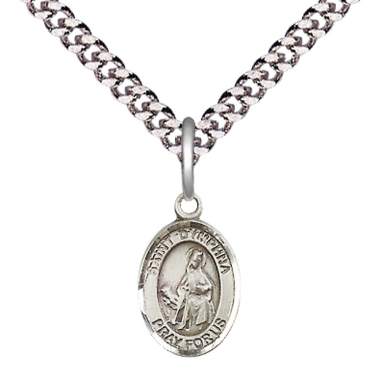 Small Sized Men's Pewter Saint St. Dymphna Medal Pendant on 24 Inch Endless Rhodium Plated Heavy Curb Brass Chain, Catholic Religious Necklace - Made in USA- Deluxe Velvet Gift Box