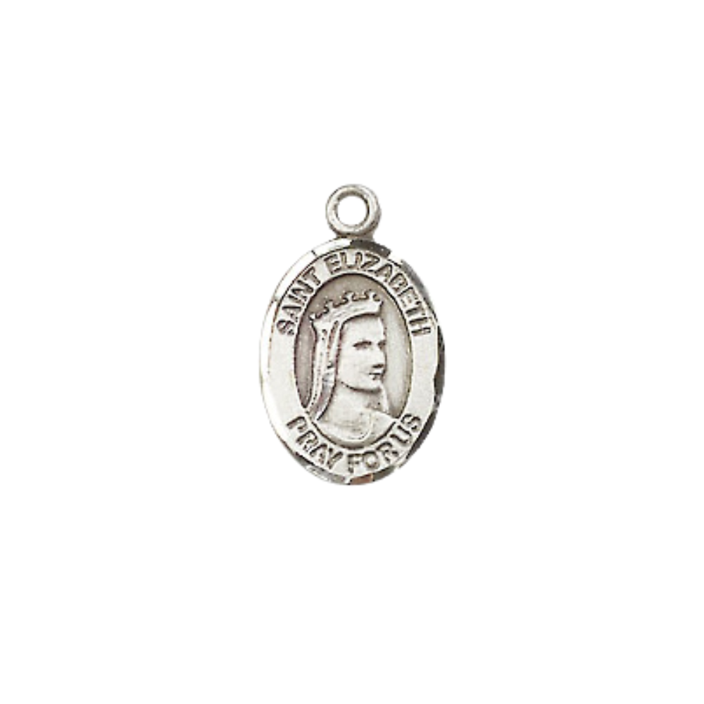 Small Sized Women's .925 Sterling Silver Saint Elizabeth of Hungary Medal Pendant on 18" Rhodium Plated Lite Curb Brass Chain w/ Lobster Claw Clasp, Catholic Religious Necklace - Made in USA- Velvet Gift Box