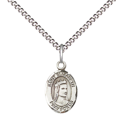 Small Sized Women's Pewter Saint Elizabeth of Hungary Medal Pendant on 18 Inch Rhodium Plated Lite Curb Brass Chain with Lobster Claw Clasp, Catholic Religious Necklace - Made in USA- Velvet Gift Box