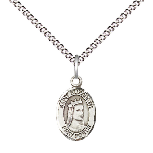 Small Sized Women's Pewter Saint Elizabeth of Hungary Medal Pendant on 18 Inch Rhodium Plated Lite Curb Brass Chain with Lobster Claw Clasp, Catholic Religious Necklace - Made in USA- Velvet Gift Box