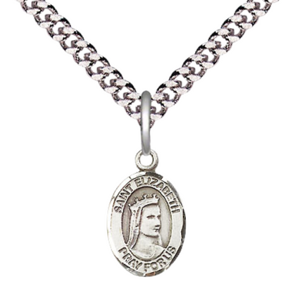 Small Sized Men's Pewter Saint St. Elizabeth of Hungary Medal Pendant on 24 Inch Endless Rhodium Plated Heavy Curb Brass Chain, Catholic Religious Necklace - Made in USA- Deluxe Velvet Gift Box