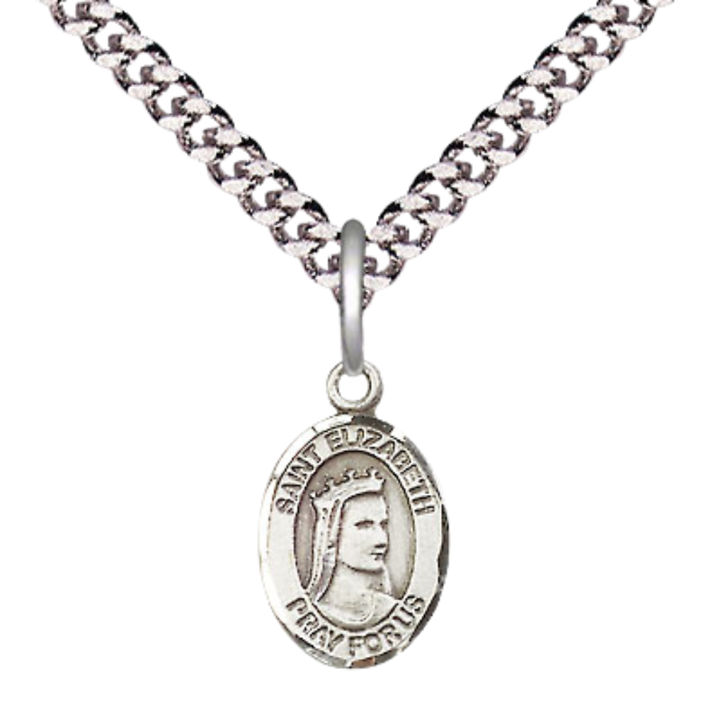 Small Sized Men's .925 Sterling Silver Saint St. Elizabeth of Hungary Medal Pendant on 24 Inch Endless Rhodium Plated Heavy Curb Brass Chain, Catholic Religious Necklace - Made in USA- Deluxe Velvet Gift Box