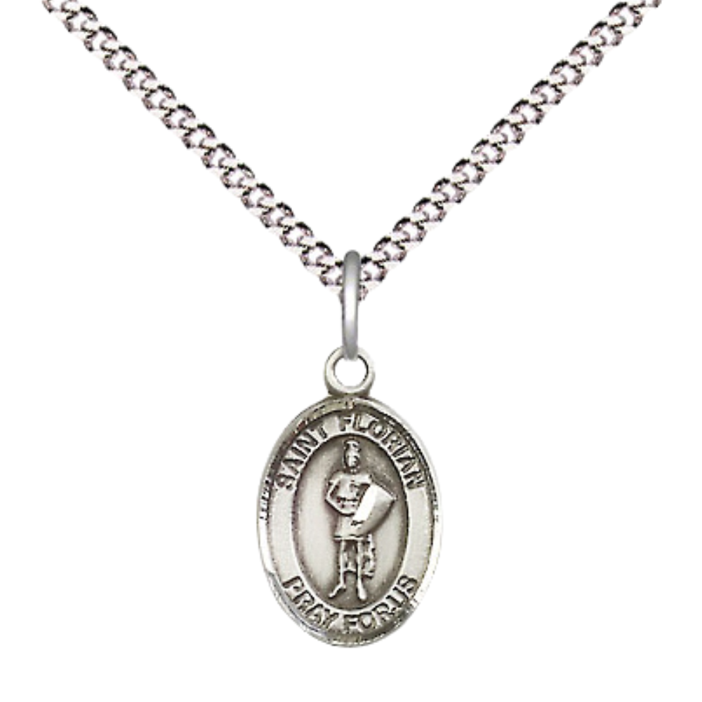 Small Sized Women's Pewter Saint St. Florian Medal Pendant on 18 Inch Rhodium Plated Lite Curb Brass Chain with Lobster Claw Clasp, Catholic Religious Necklace - Made in USA- Velvet Gift Box