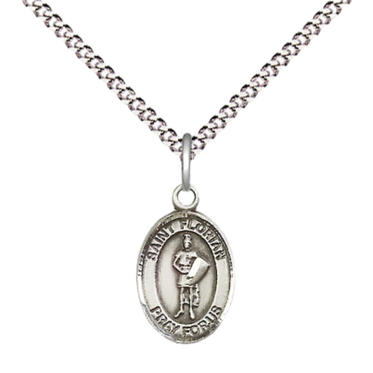 Small Sized Women's Pewter Saint St. Florian Medal Pendant on 18 Inch Rhodium Plated Lite Curb Brass Chain with Lobster Claw Clasp, Catholic Religious Necklace - Made in USA- Velvet Gift Box