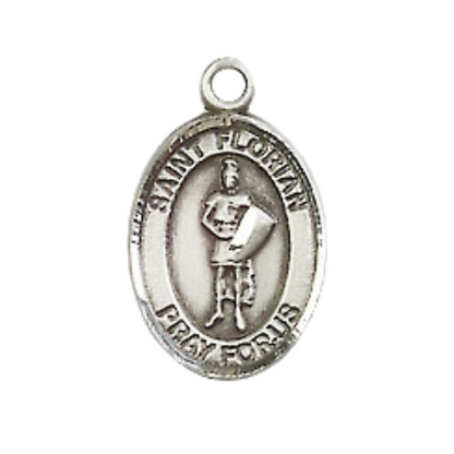 Small Sized Men's Pewter Saint St. Florian Medal Pendant on 24 Inch Endless Rhodium Plated Heavy Curb Brass Chain, Catholic Religious Necklace - Made in USA- Deluxe Velvet Gift Box