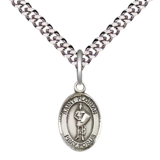 Small Sized Men's Pewter Saint St. Florian Medal Pendant on 24 Inch Endless Rhodium Plated Heavy Curb Brass Chain, Catholic Religious Necklace - Made in USA- Deluxe Velvet Gift Box