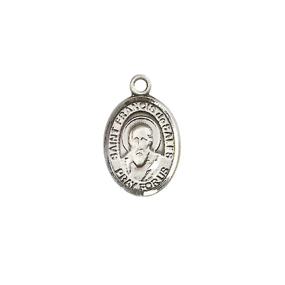 Small Sized Women's Pewter Saint St. Francis de Sales Medal Pendant on 18 Inch Rhodium Plated Lite Curb Brass Chain with Lobster Claw Clasp, Catholic Religious Necklace - Made in USA- Velvet Gift Box