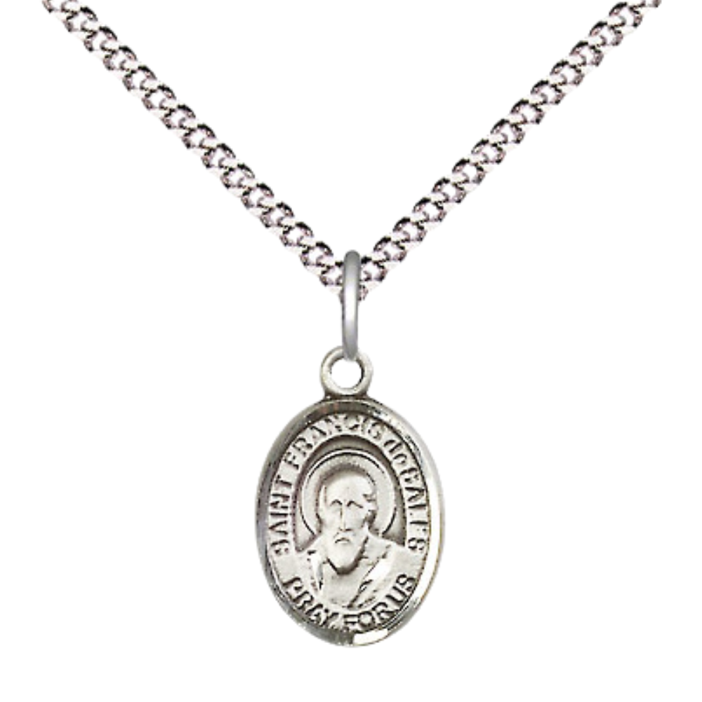 Small Sized Women's Pewter Saint St. Francis de Sales Medal Pendant on 18 Inch Rhodium Plated Lite Curb Brass Chain with Lobster Claw Clasp, Catholic Religious Necklace - Made in USA- Velvet Gift Box