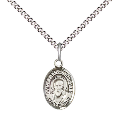 Small Sized Women's Pewter Saint St. Francis de Sales Medal Pendant on 18 Inch Rhodium Plated Lite Curb Brass Chain with Lobster Claw Clasp, Catholic Religious Necklace - Made in USA- Velvet Gift Box