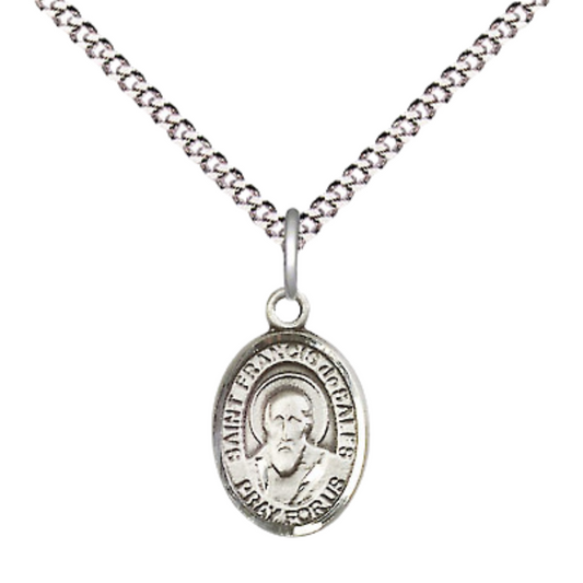 Small Sized Women's Pewter Saint St. Francis de Sales Medal Pendant on 18 Inch Rhodium Plated Lite Curb Brass Chain with Lobster Claw Clasp, Catholic Religious Necklace - Made in USA- Velvet Gift Box