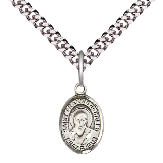 Small Sized Men's Pewter Saint St. Francis de Sales Medal Pendant on 24 Inch Endless Rhodium Plated Heavy Curb Brass Chain, Catholic Religious Necklace - Made in USA- Deluxe Velvet Gift Box