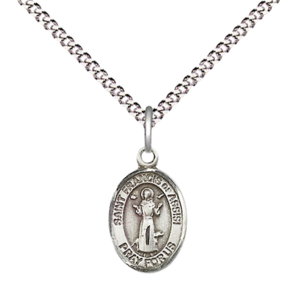 Small Sized Women's .925 Sterling Silver Saint St. Francis of Assisi Medal Pendant on 18 Inch Rhodium Plated Lite Curb Brass Chain with Lobster Claw Clasp, Catholic Religious Necklace - Made in USA- Velvet Gift Box