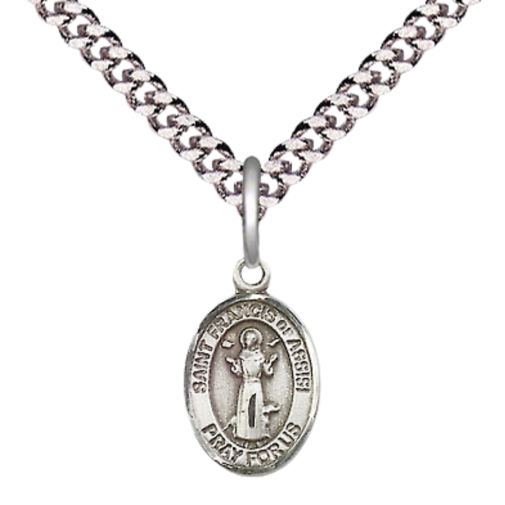 Small Sized Men's Pewter Saint St. Francis of Assisi Medal Pendant on 24 Inch Endless Rhodium Plated Heavy Curb Brass Chain, Catholic Religious Necklace - Made in USA- Deluxe Velvet Gift Box