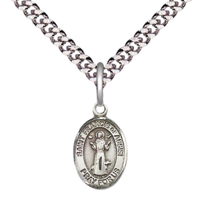 Small Sized Men's Pewter Saint St. Francis of Assisi Medal Pendant on 24 Inch Endless Rhodium Plated Heavy Curb Brass Chain, Catholic Religious Necklace - Made in USA- Deluxe Velvet Gift Box
