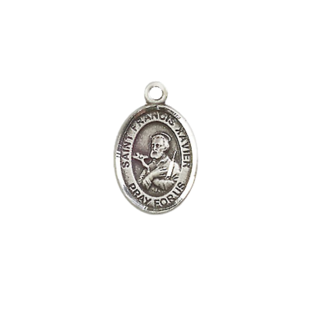 Small Sized Women's Pewter Saint St. Francis Xavier Medal Pendant on 18 Inch Rhodium Plated Lite Curb Brass Chain with Lobster Claw Clasp, Catholic Religious Necklace - Made in USA- Velvet Gift Box