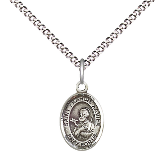 Small Sized Women's .925 Sterling Silver Saint St. Francis Xavier Medal Pendant on 18 Inch Rhodium Plated Lite Curb Brass Chain with Lobster Claw Clasp, Catholic Religious Necklace - Made in USA- Velvet Gift Box