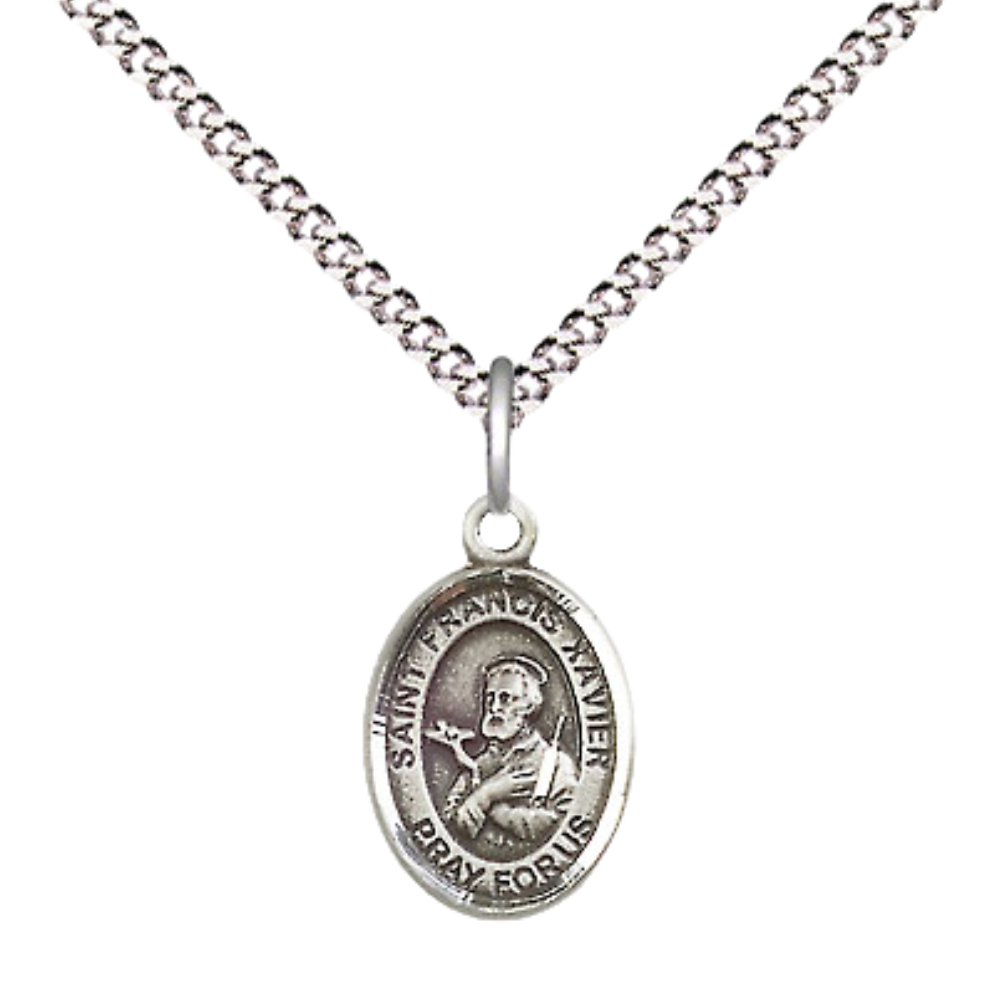 Small Sized Women's Pewter Saint St. Francis Xavier Medal Pendant on 18 Inch Rhodium Plated Lite Curb Brass Chain with Lobster Claw Clasp, Catholic Religious Necklace - Made in USA- Velvet Gift Box