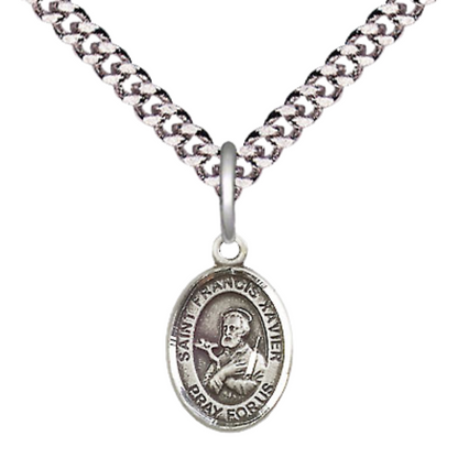 Small Sized Men's Pewter Saint St. Francis Xavier Medal Pendant on 24 Inch Endless Rhodium Plated Heavy Curb Brass Chain, Catholic Religious Necklace - Made in USA- Deluxe Velvet Gift Box