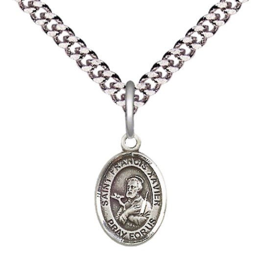 Small Sized Men's Pewter Saint St. Francis Xavier Medal Pendant on 24 Inch Endless Rhodium Plated Heavy Curb Brass Chain, Catholic Religious Necklace - Made in USA- Deluxe Velvet Gift Box