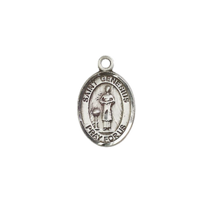 Small Sized Women's .925 Sterling Silver Saint Genesius of Rome Medal Pendant on 18 Inch Rhodium Plated Lite Curb Brass Chain with Lobster Claw Clasp, Catholic Religious Necklace - Made in USA- Velvet Gift Box