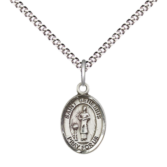 Small Sized Women's Pewter Saint Genesius of Rome Medal Pendant on 18 Inch Rhodium Plated Lite Curb Brass Chain with Lobster Claw Clasp, Catholic Religious Necklace - Made in USA- Velvet Gift Box