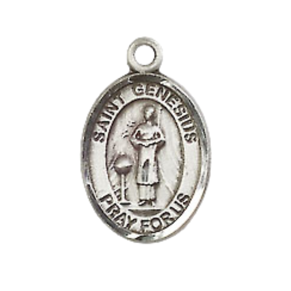 Small Sized Men's Pewter Saint St. Genesius of Rome Medal Pendant on 24 Inch Endless Rhodium Plated Heavy Curb Brass Chain, Catholic Religious Necklace - Made in USA- Deluxe Velvet Gift Box