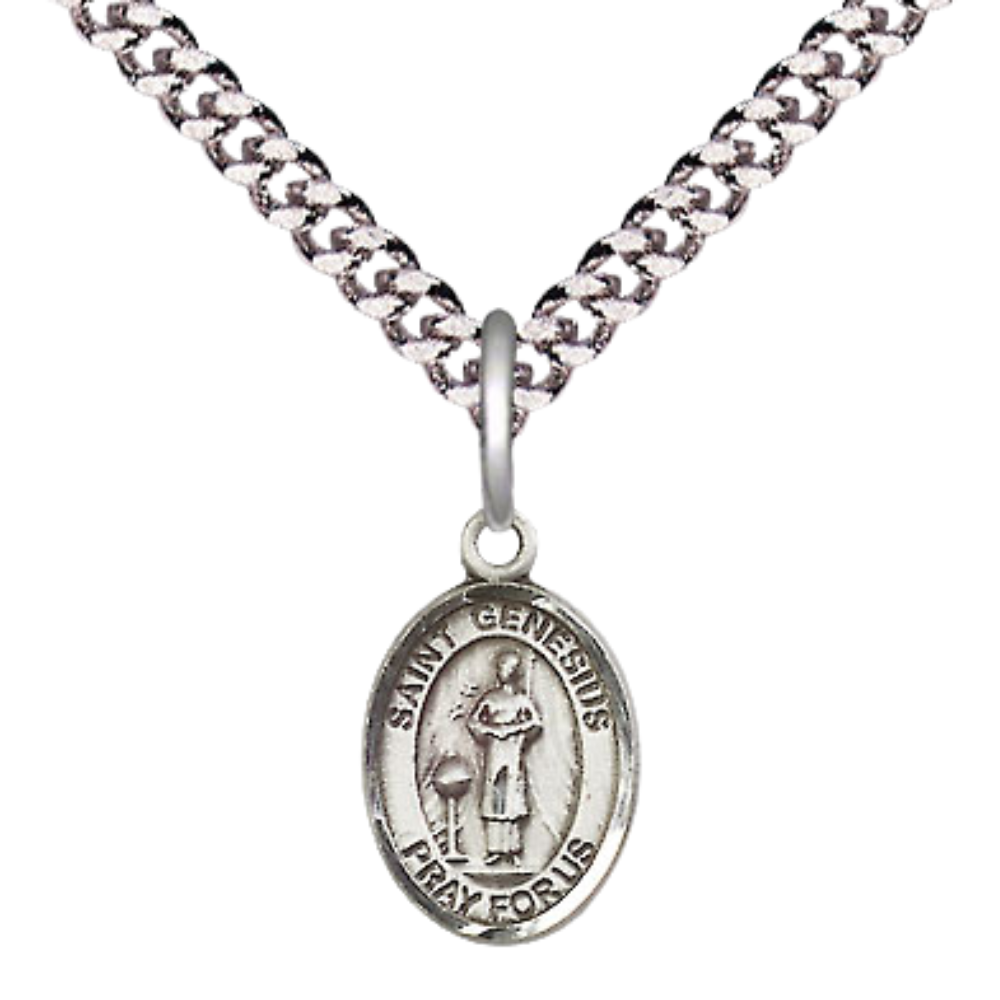 Small Sized Men's Pewter Saint St. Genesius of Rome Medal Pendant on 24 Inch Endless Rhodium Plated Heavy Curb Brass Chain, Catholic Religious Necklace - Made in USA- Deluxe Velvet Gift Box