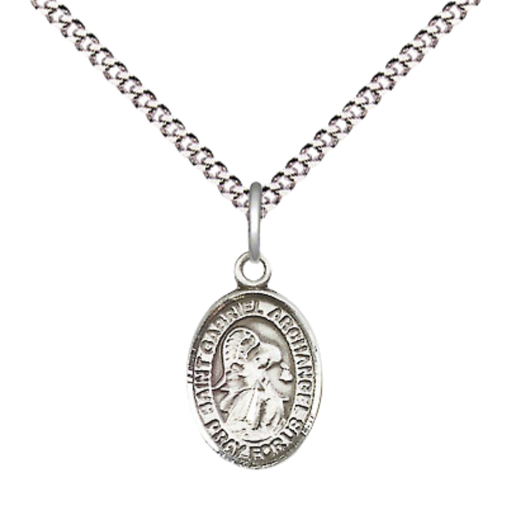 Small Sized Women's Pewter Saint St. Gabriel the Archangel Medal Pendant on 18 Inch Rhodium Plated Lite Curb Brass Chain with Lobster Claw Clasp, Catholic Religious Necklace - Made in USA- Velvet Gift Box
