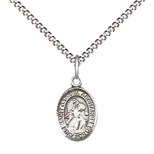 Small Sized Women's Pewter Saint St. Gabriel the Archangel Medal Pendant on 18 Inch Rhodium Plated Lite Curb Brass Chain with Lobster Claw Clasp, Catholic Religious Necklace - Made in USA- Velvet Gift Box
